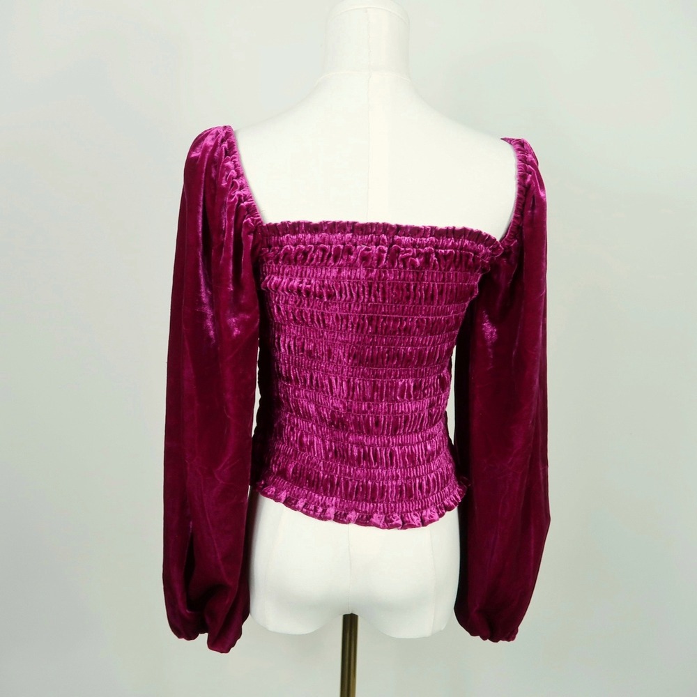 Anthropologie Womens Smocked Velvet Puff Sleeve Top Small Magenta Pink Boho - Picture 6 of 11